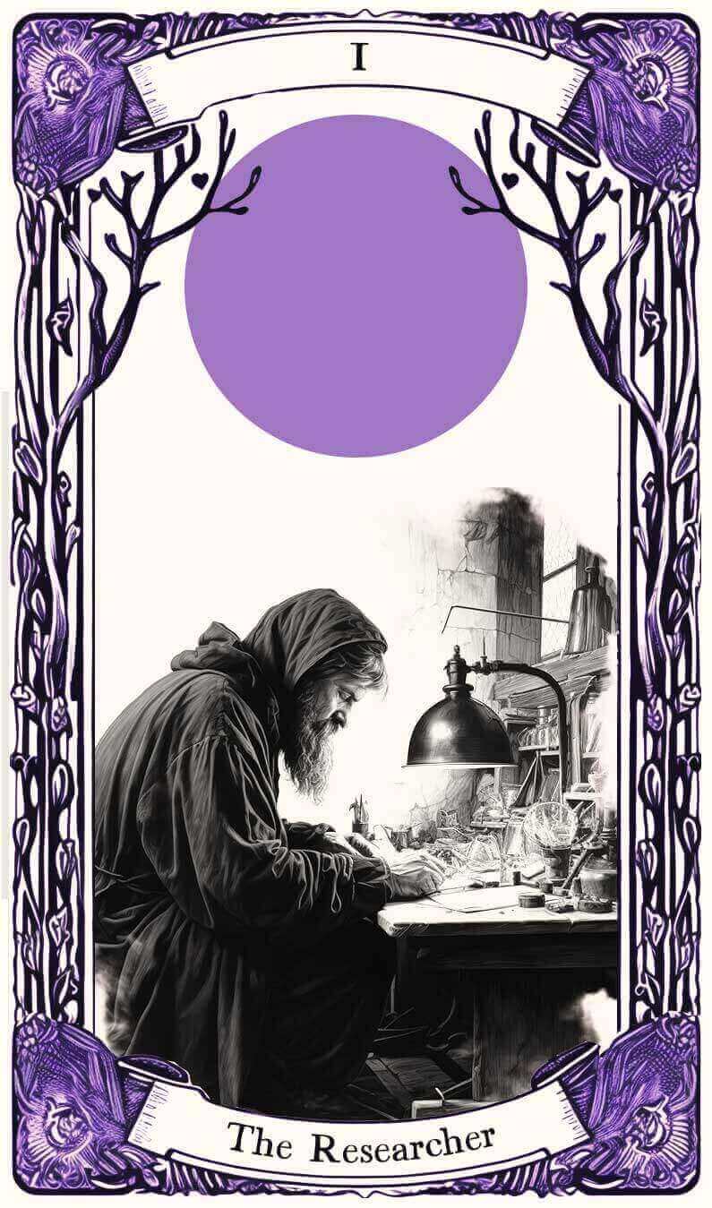 The front of an etch style illustrated tarot card displaying a cloaked researcher hard at work at their desk. A decorative frame with trees and branches surrounds the scene, inked in black with purple highlights.