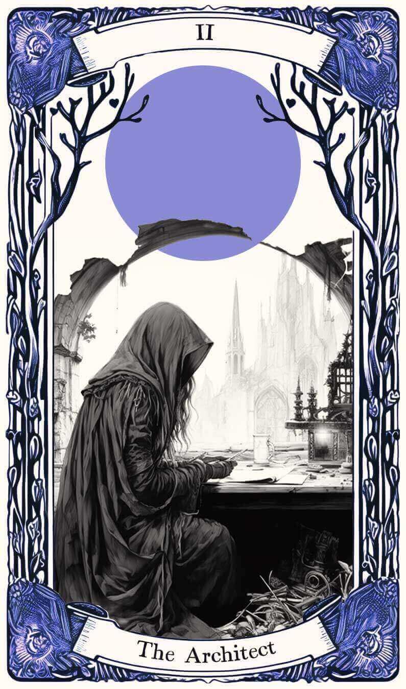The front of an etch style illustrated tarot card displaying a cloaked architect hard at work at their desk. A decorative frame with trees and branches surrounds the scene, inked in black with deep purple highlights.