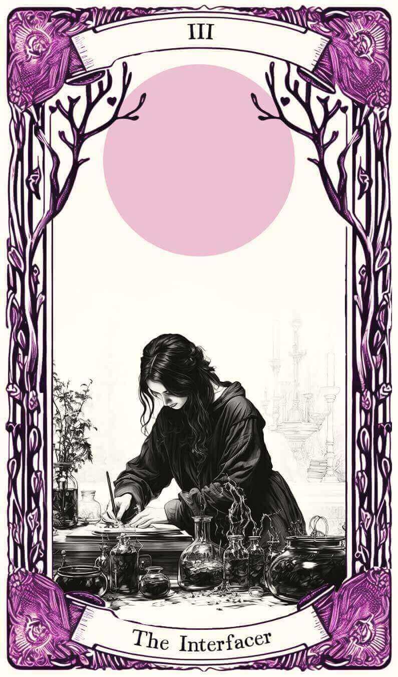The front of an etch style illustrated tarot card displaying a cloaked interfacer hard at work at their desk. A decorative frame with trees and branches surrounds the scene, inked in black with pink highlights.