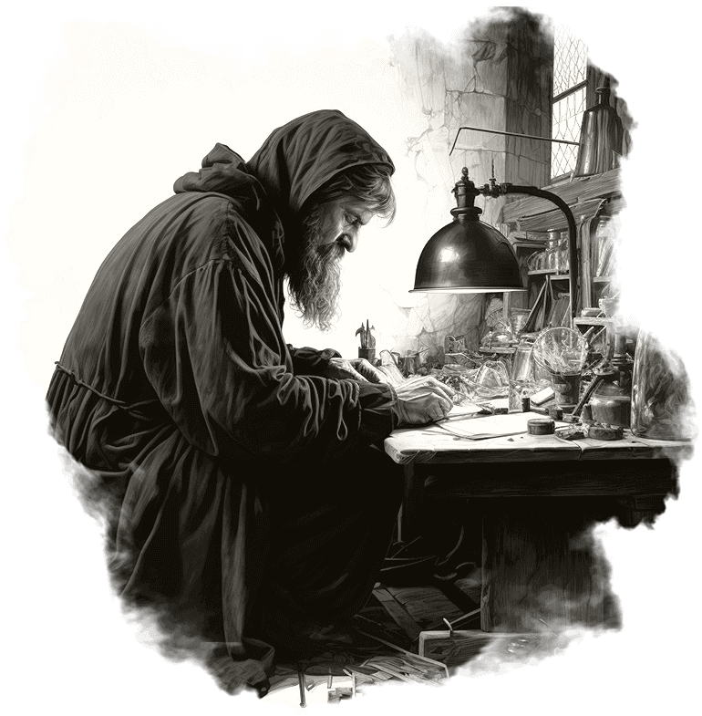 An etched detailed black and white illustration of a cloaked alchemist hard at work at his desk, pen in hand, creating research documentation. Mysterious bottles and research equipment surrounds him.