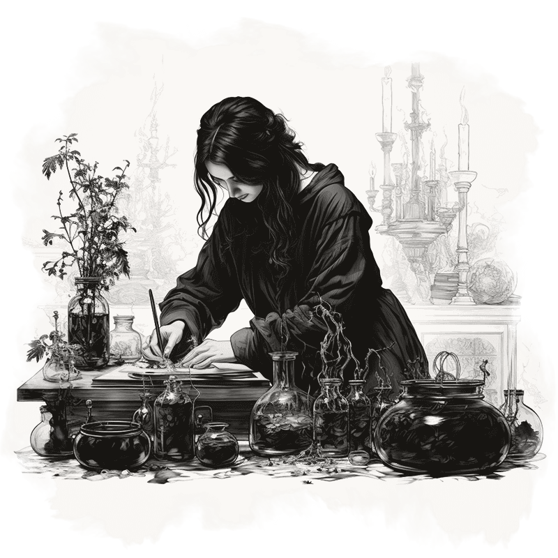 An etched detailed black and white illustration of an alchemist hard at work at her desk, pen in hand, creating research documentation. Mysterious bottles and research equipment surrounds her.