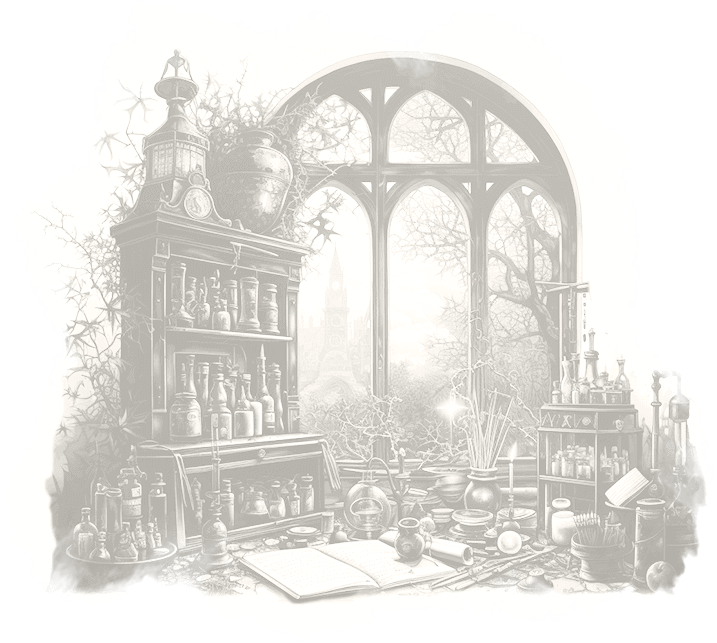 An etched detailed black and white illustration of an alchemists desk, sitting in front of a large arched window overlooking a garden,. a church steeple off in the distance. The desk is brimming with books, potions, and research utensils.