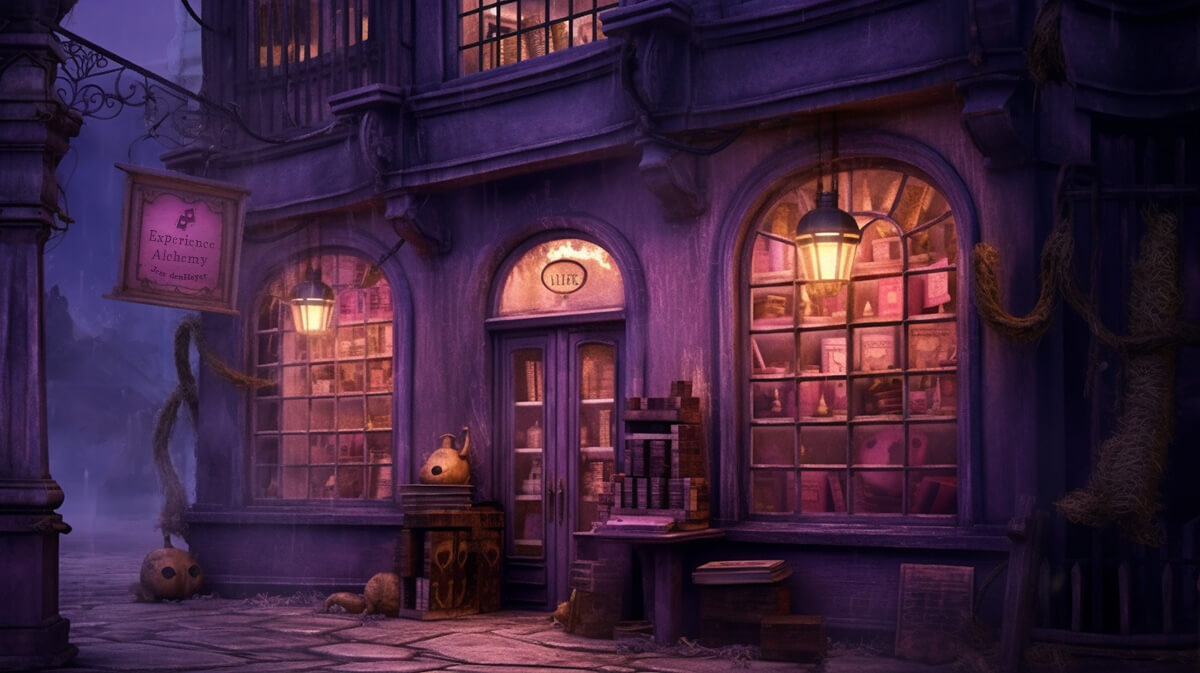 A whimsical alchemists store sits on the corner of a cobbled street. The scene feels magical, the storefront windows illuminating the dark hues of the street. A sign hangs from the exterior stating "Experience Alchemy, Jess denHeyer"