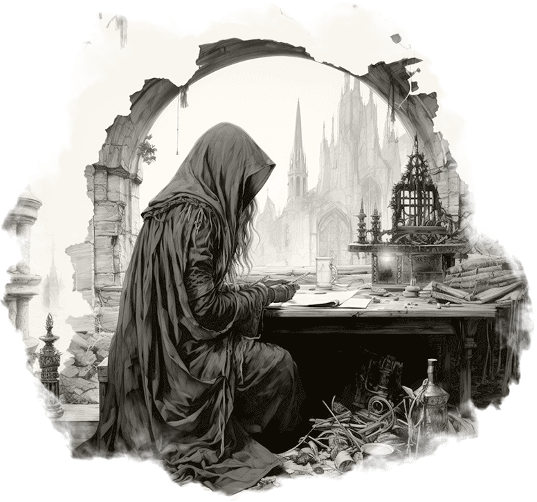 An etched illustration of a cloaked figure witting at an architects desk. Small models of structures and various papers surround the figure, as they sit hard at work.