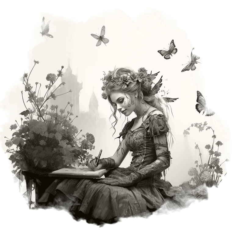 Etched illustration of a smiling artist sitting with a pen in her hand and an open sketchbook, surrounded by flowers while butterflies flap all around her.
