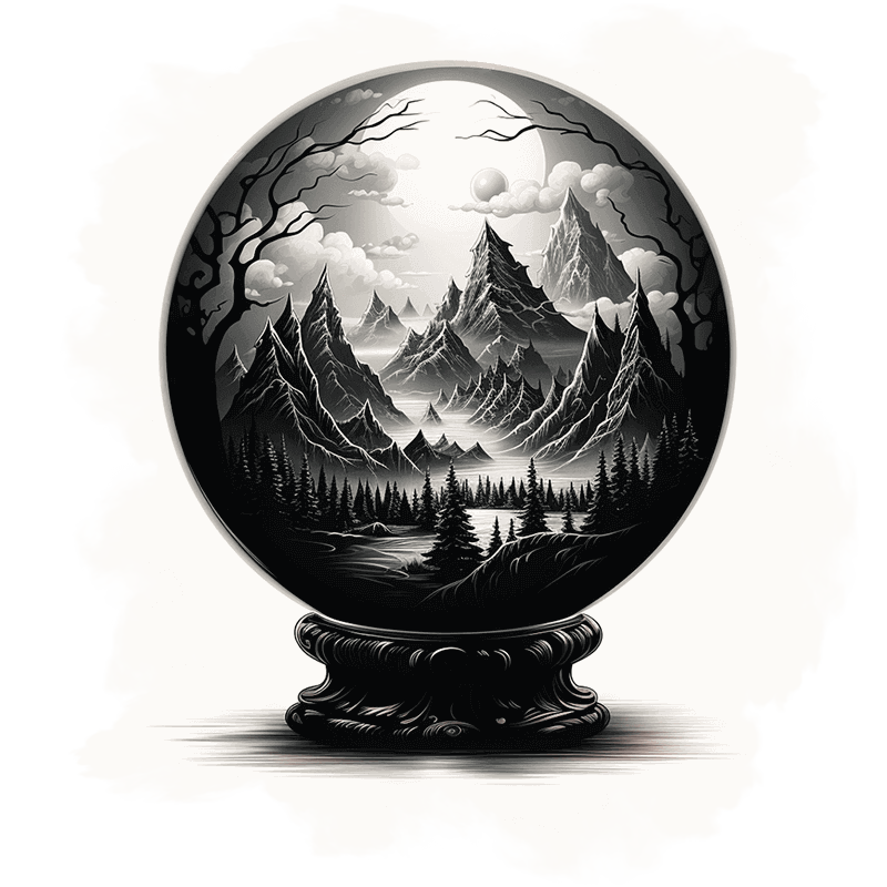 An etched detailed black and white illustration of a crystal ball, filled with a mysterious scene of mountains, pine trees, and a large full moon.