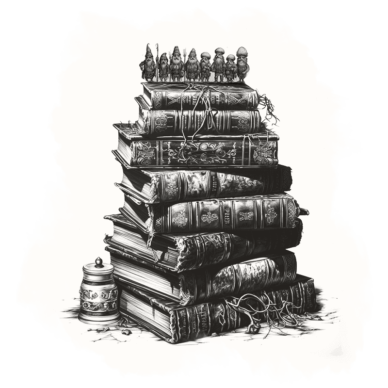 An etched detailed black and white illustration of tiny users standing on a large stack of books.