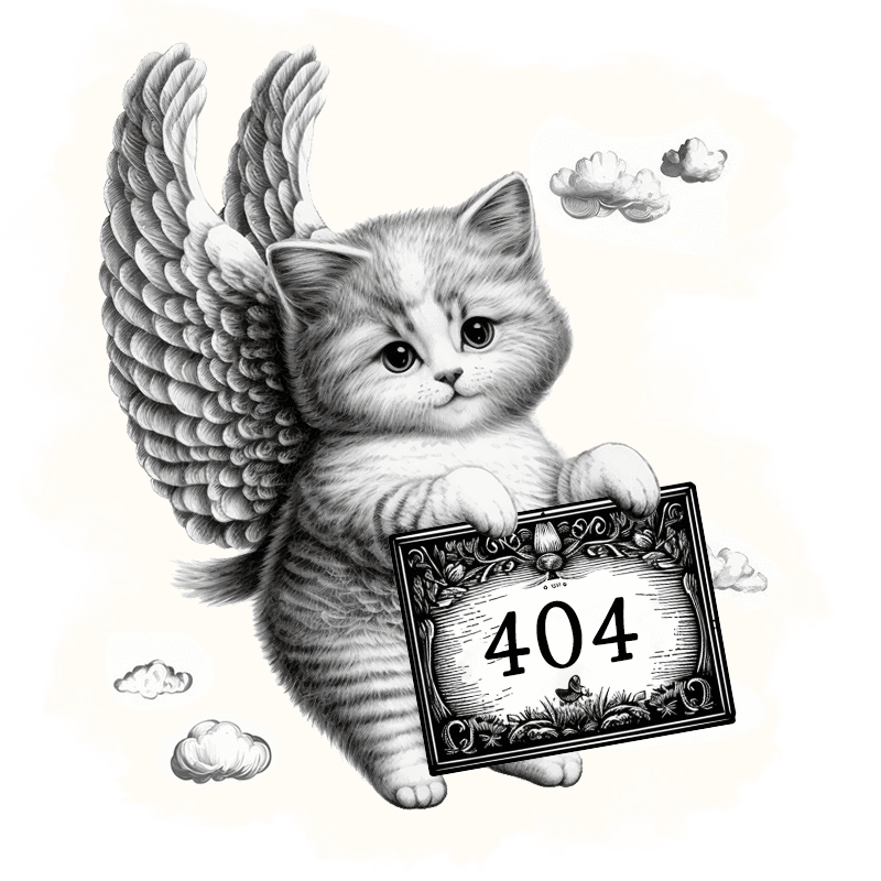 An etched detailed black and white illustration of an adorable striped kitten with large feathered angel wings, floating in the sky above tiny fluffy clouds. He holds a decorative sign that states '404!'
