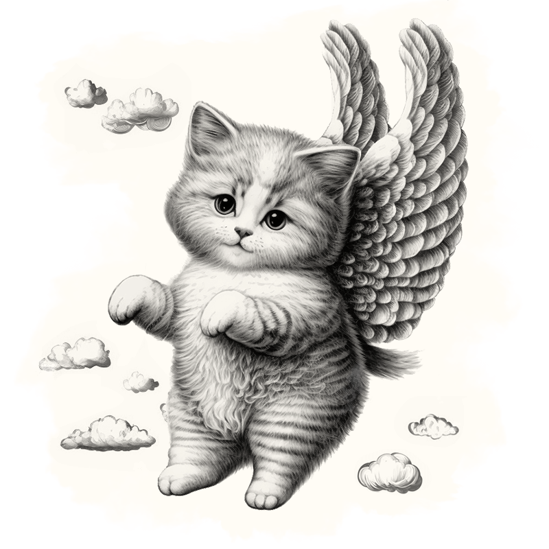 An etched detailed black and white illustration of an adorable striped kitten with large feathered angel wings, floating in the sky above tiny fluffy clouds.