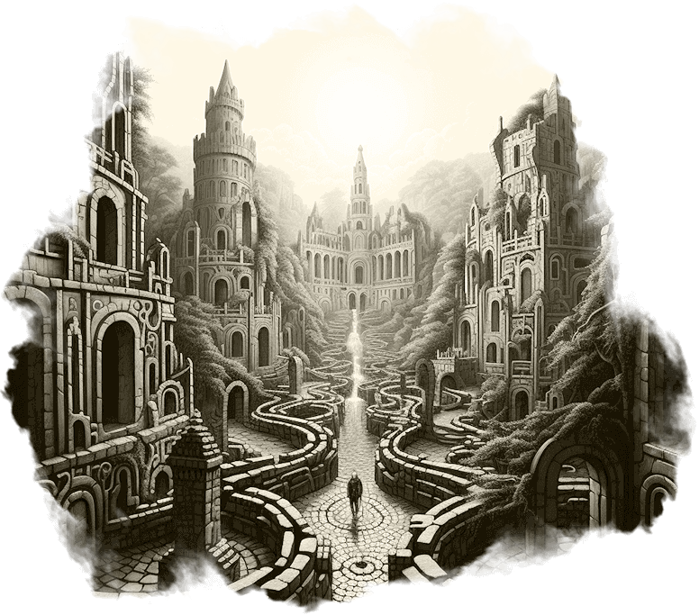 An etched illustration of a man walking through the labyrinth of an ancient walled city, with tall arched windows, high towers, and a large important structure in the distance.