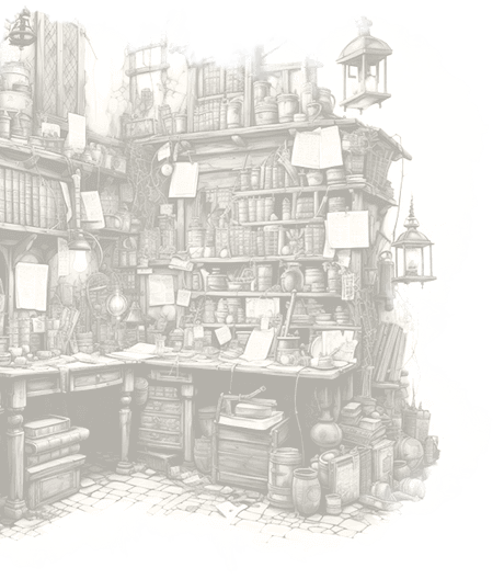 An etched detailed black and white illustration of an architects' desk, with a highly organised bookcase filled with papers, and various notes attached to the shelves.