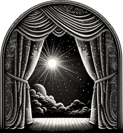 A black and white etched illustration of an archway surrounded by decorative velvet curtains. The arch leads to a starlit nightsky with moody clouds complete with a beaming full moon